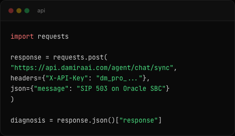 Damira API — Python code example calling the agent endpoint