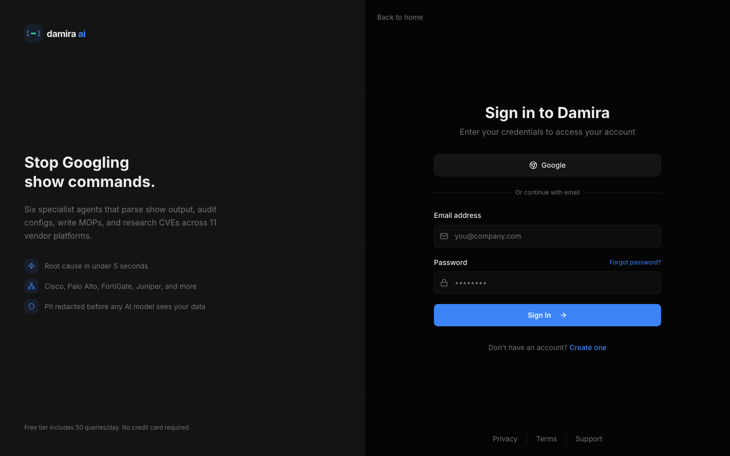 Sign in to Damira — Google OAuth or email/password