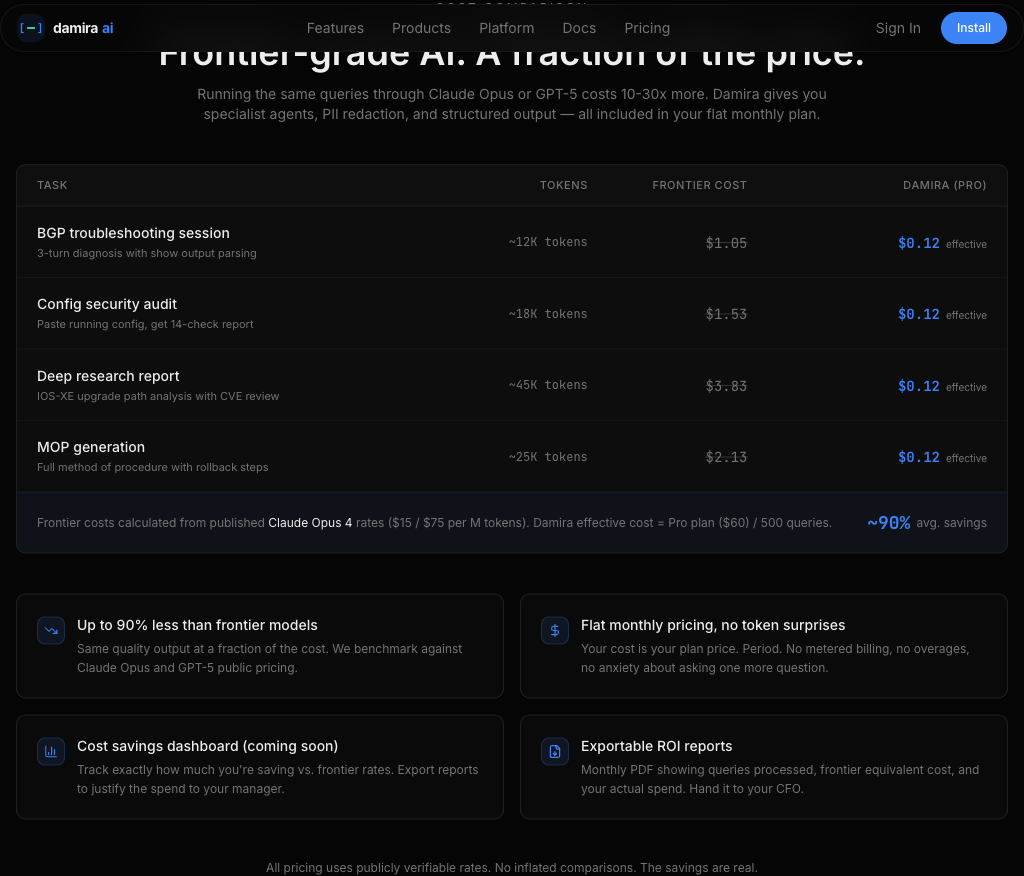 Cost comparison — Damira vs frontier model pricing per task