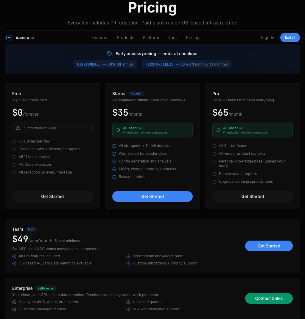 Pricing tiers — Free, Starter, Pro, Team, and Enterprise plans
