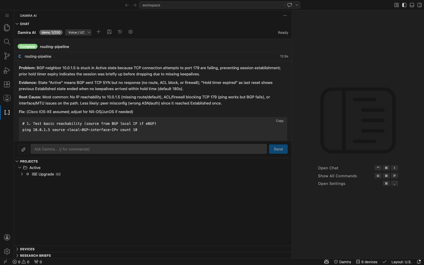 Your first Damira AI response — structured BGP diagnosis with CLI commands