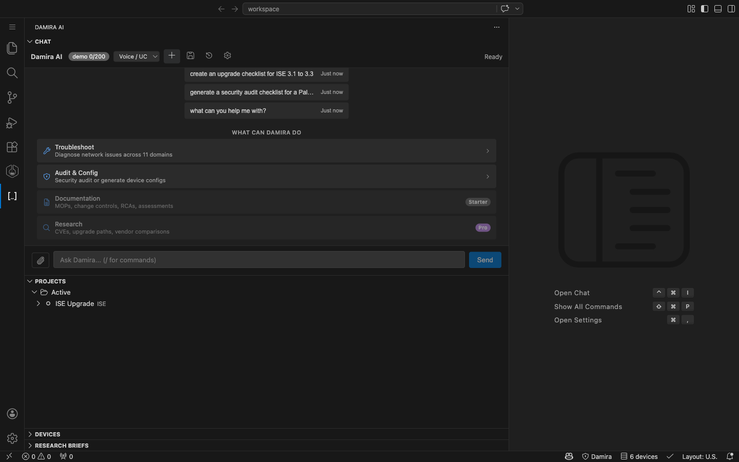 Damira AI chat panel with templates and project sidebar