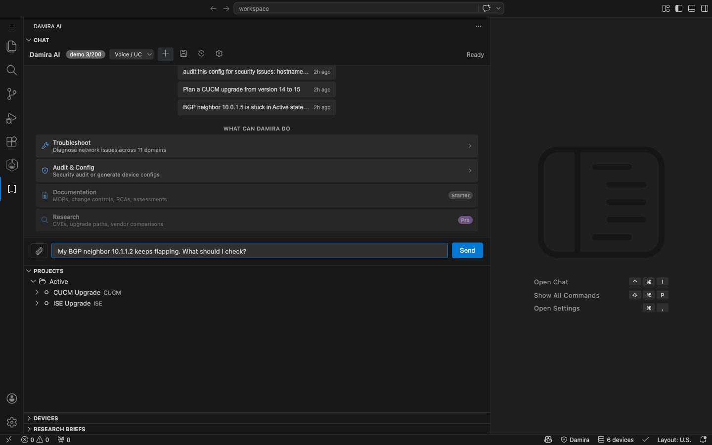 Guided templates and chat input with a query ready to send
